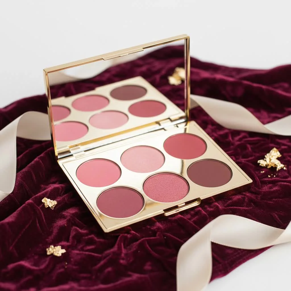 Compact bronzer, blush, and highlighter palette with brushes