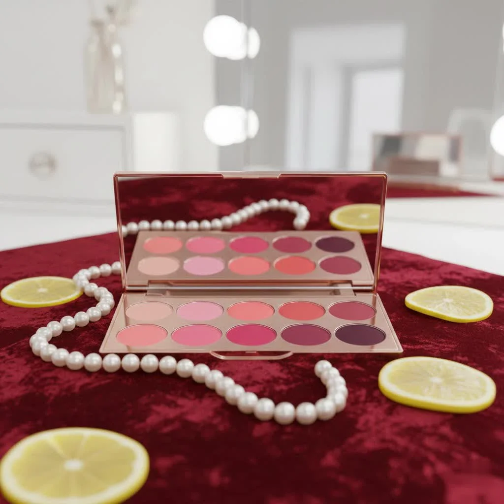 Close-up of a bronzer and blush palette with various shades