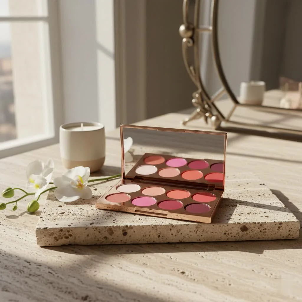 Close-up of a woman applying blush from a face palette