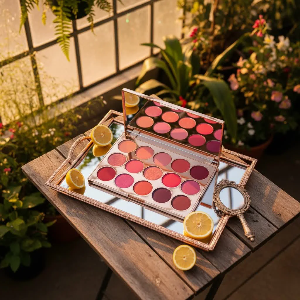Makeup palette with blush, bronzer, and highlighter shades