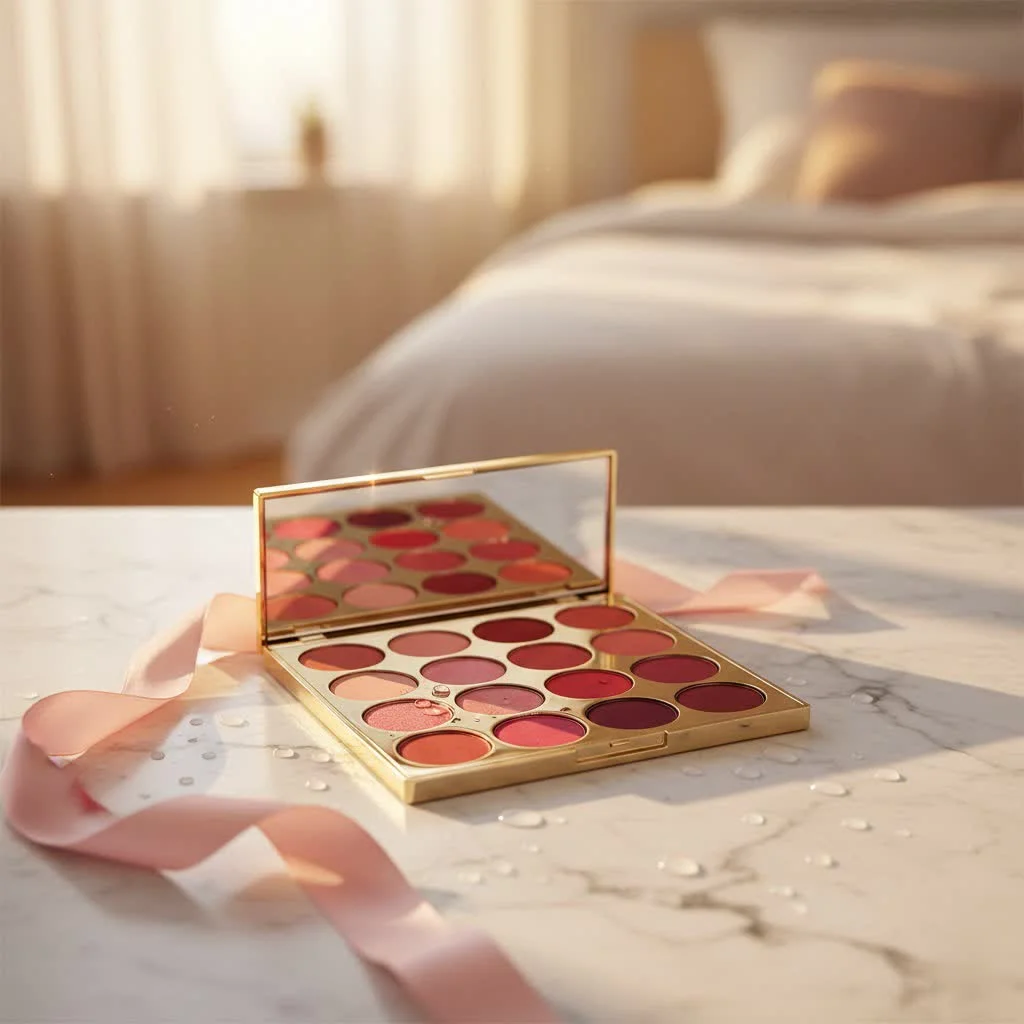 A woman applying blush from a highlight contour and blush palette