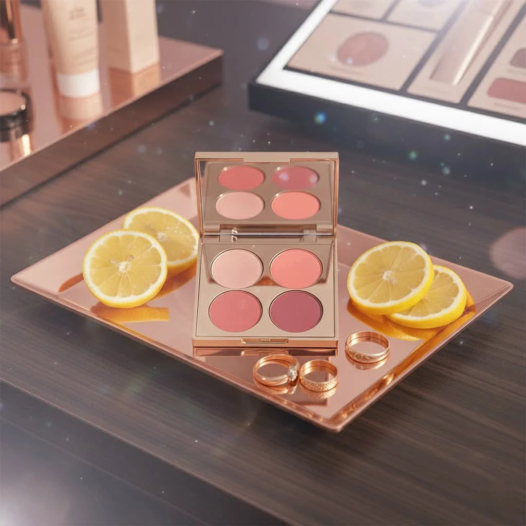 Makeup brushes applying contour, blush, and highlight to a face