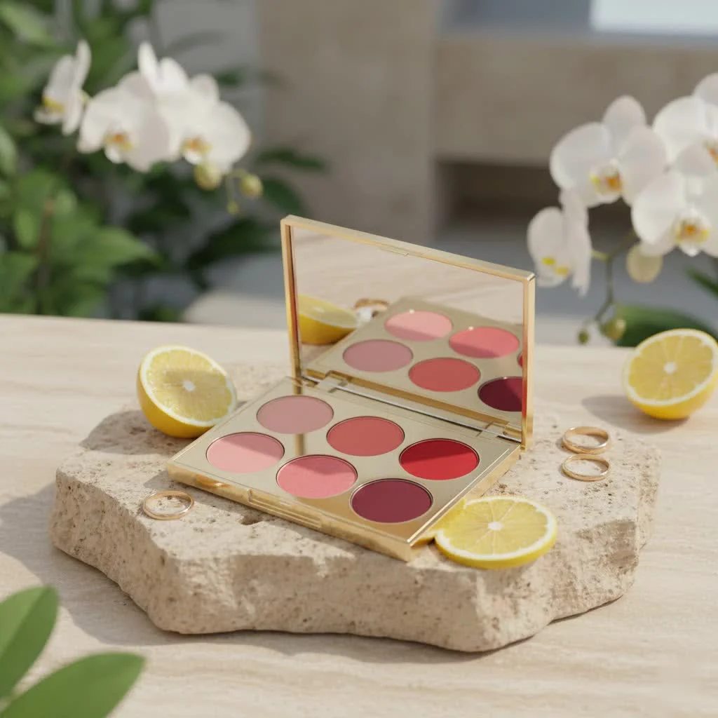 Close-up of a pink blush palette with various shades