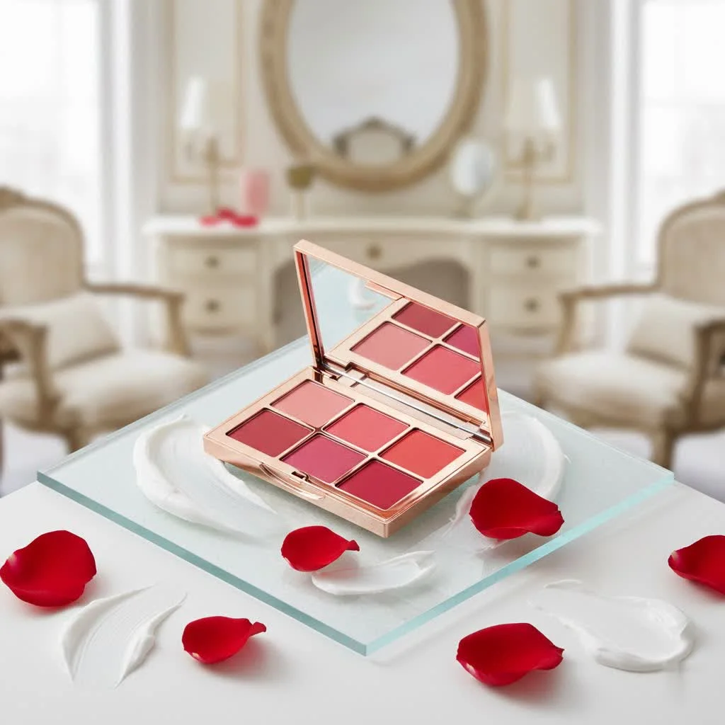 Close-up of a vibrant powder blush palette with multiple shades