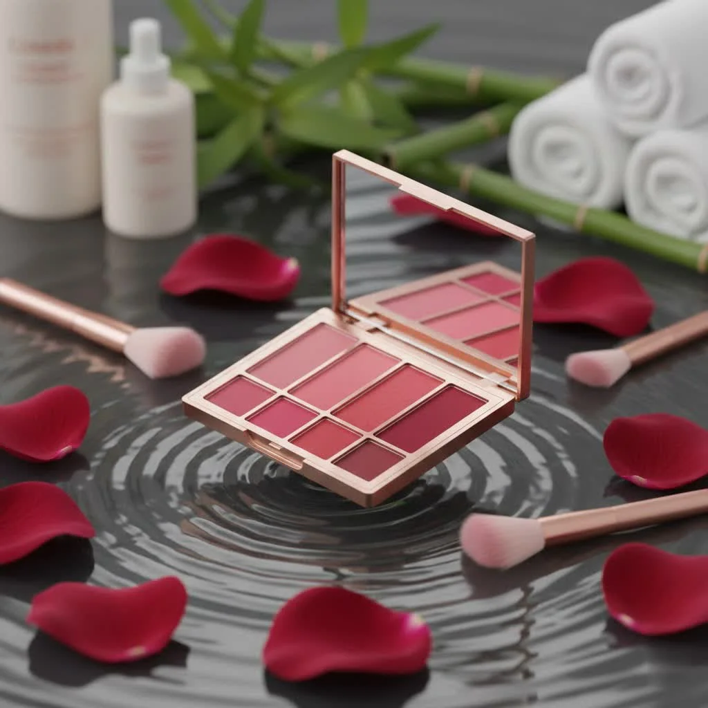 Close-up of a makeup blush palette with various shades