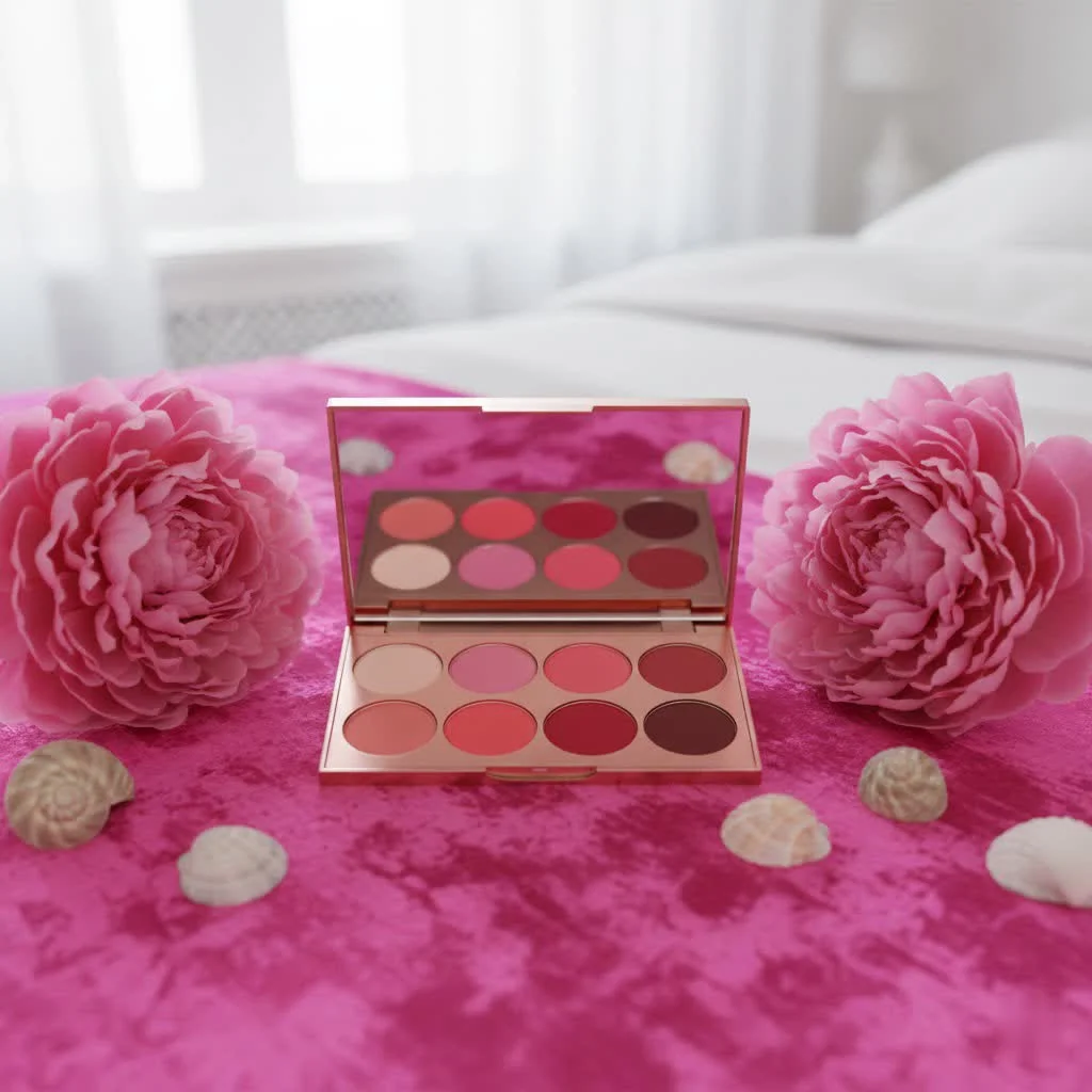 Close-up of a contour and blush palette with various shades